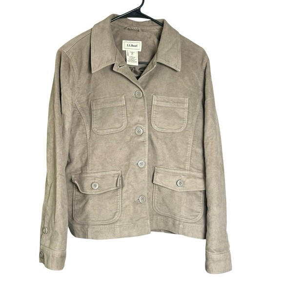 LL Bean Womens Tan chore coat Jacket Size Medium Blazer Petite Tan brown cropped - Picture 1 of 12
